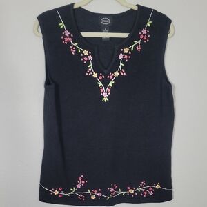 Designers Studio Womens Embroidered Knit Sleeveless Top Size L Black Floral